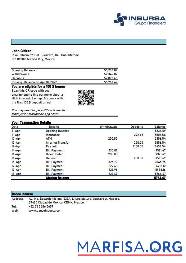 Realistic Mexico Inbursa bank statement word version 2 template